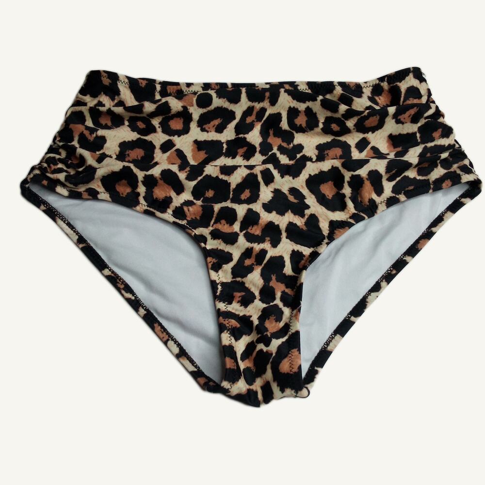 Leopard Print High Waist Swim Bottoms - Brown & Black Animal Print, Size L